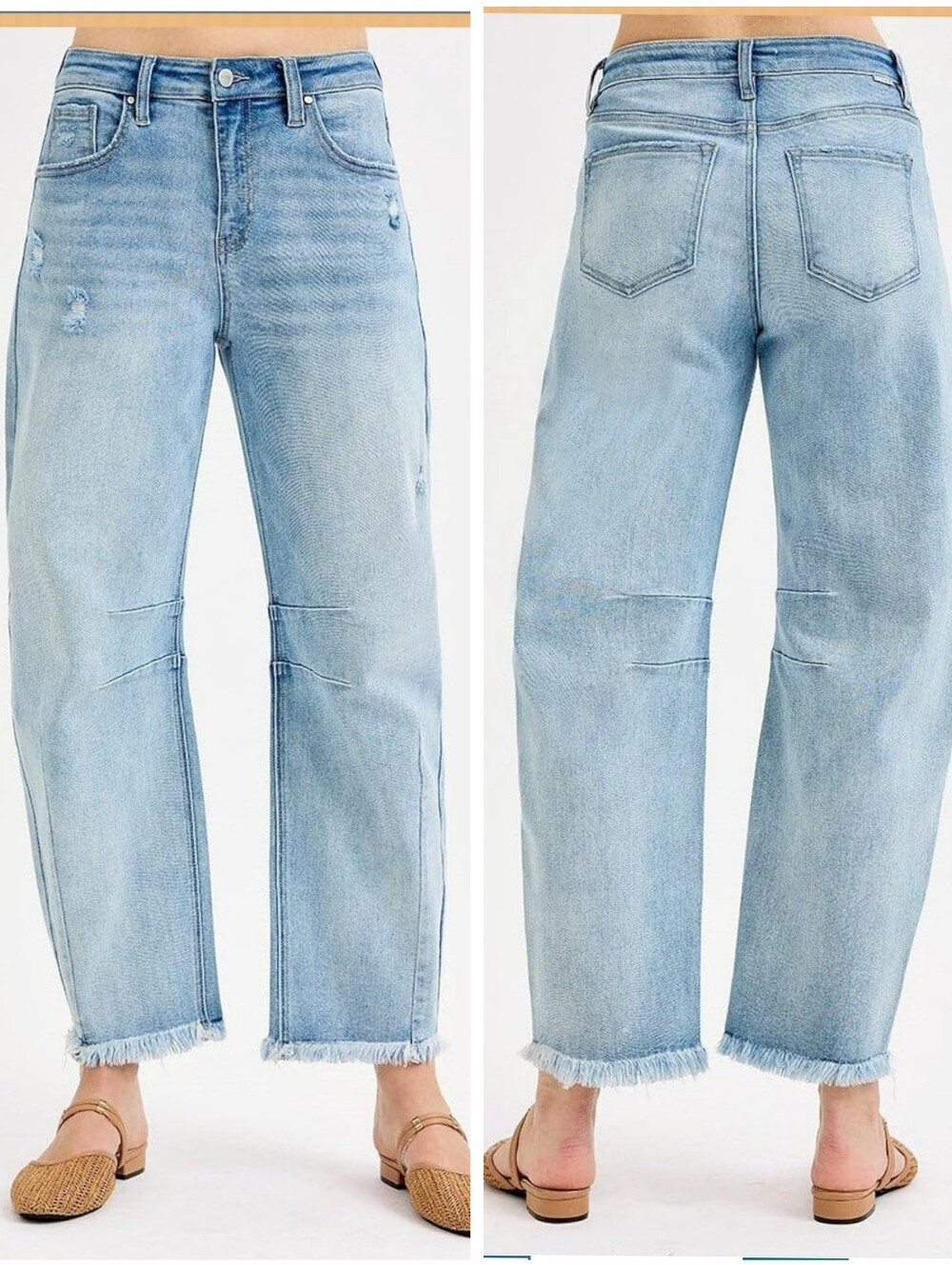 Risen Jeans - High Rise Slouchy Crop Barrel Distressed Jeans (27" Inseam)